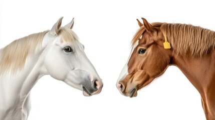 Naklejka premium Two horses interact in a studio setting showcasing their unique features and colors with a neutral background