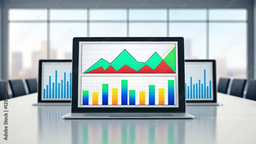 Poster three laptops displaying colorful data charts on their screens in an empty office setting. the image