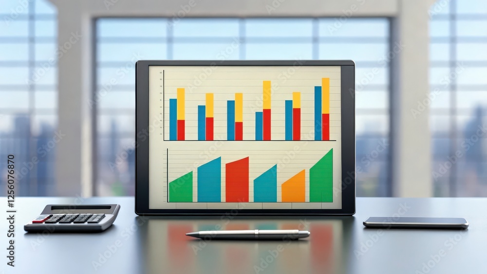 Poster business analytics displayed on a tablet, sitting on a desk with a calculator and pen. the charts sh