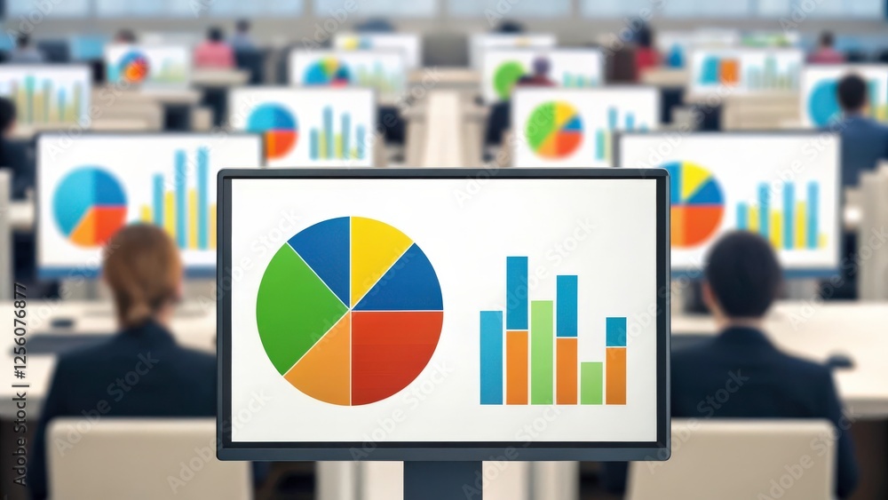 Poster a computer monitor with a bar chart and pie chart displayed. there are blurred images of people usin