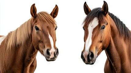 Obraz premium Beautiful horses showcasing distinct coats and expressions in a bright, neutral setting with natural light