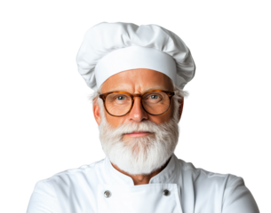 Experienced chef with glasses and white uniform poses confidently with crossed arms against a transparent background