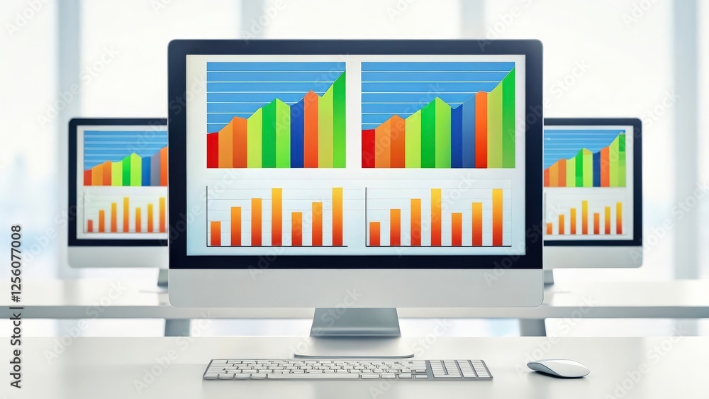 Poster three computer monitors displaying various colorful bar graphs with increasing numbers, symbolizing 