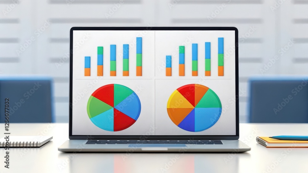 Poster laptop displaying colorful charts and graphs on its screen, sitting on a table in an office setting