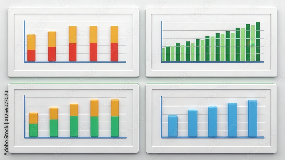Poster four different 3d bar charts showcasing progress and data visualization. each chart has a unique col