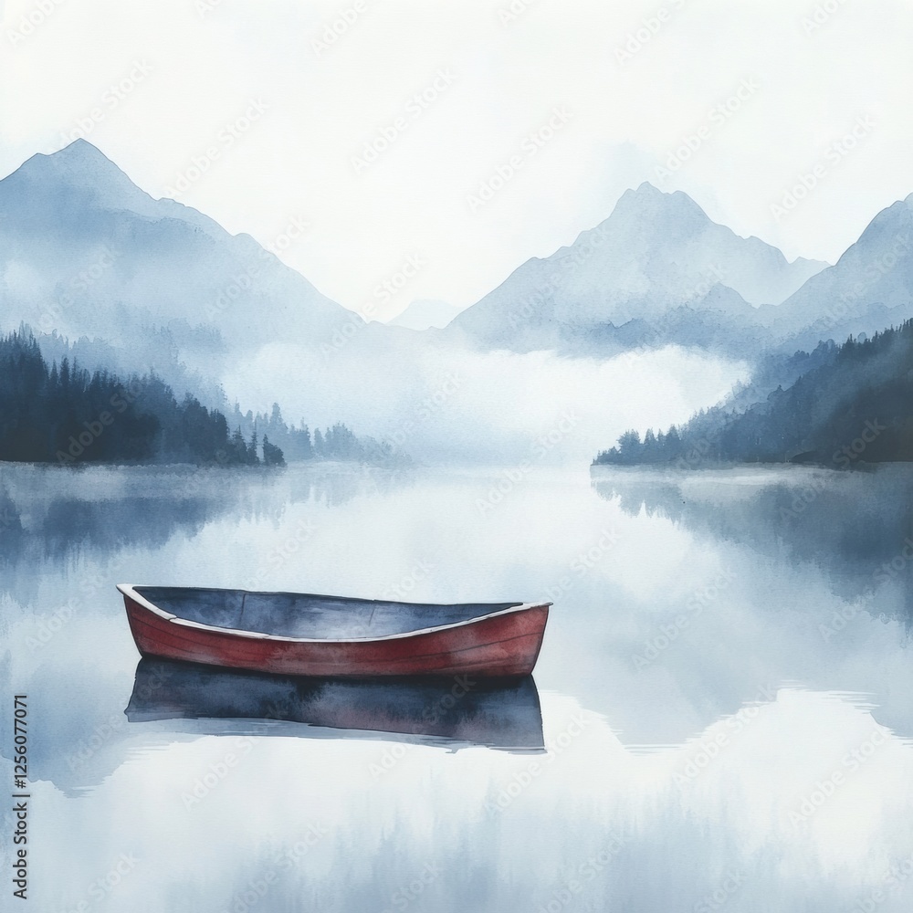Poster serene watercolor illustration of a rowboat floating on a calm mountain lake surrounded by misty mou