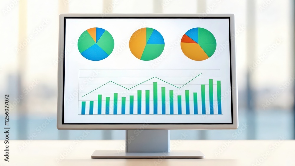 Poster computer monitor displaying various charts and graphs, illustrating data analysis and business intel