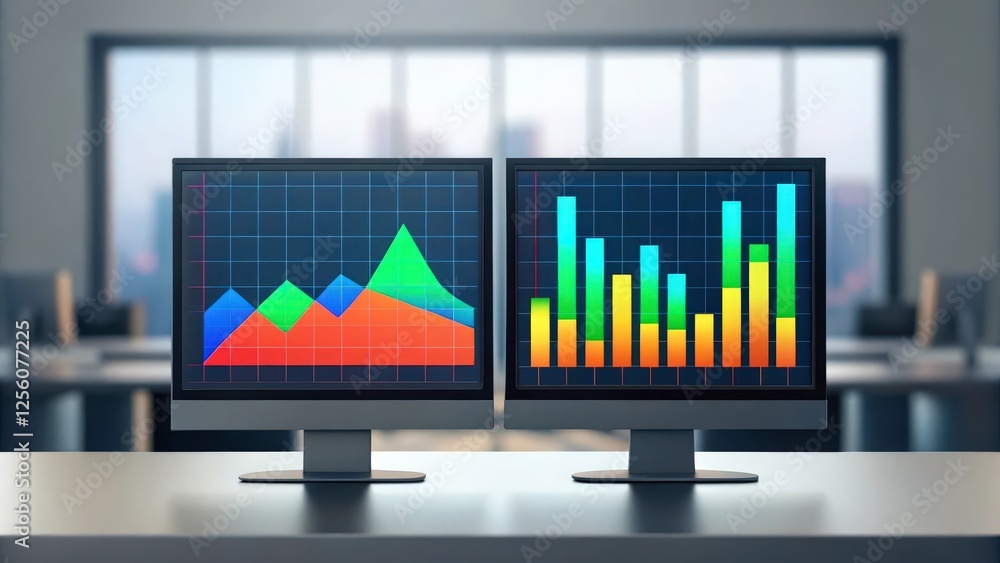 Poster two computer monitors display colorful graphs in a modern office setting. the data visualization off