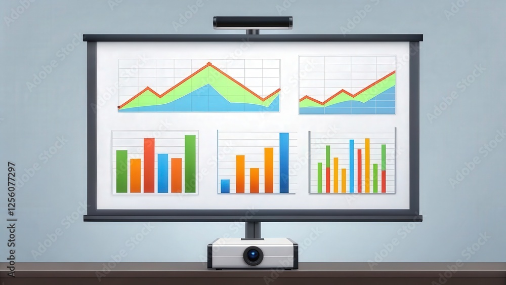 Poster a projector displaying a presentation with bar and line graphs on a projection screen. this image re