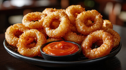 Crispy onion rings with ketchup on a dark plate in a restaurant setting