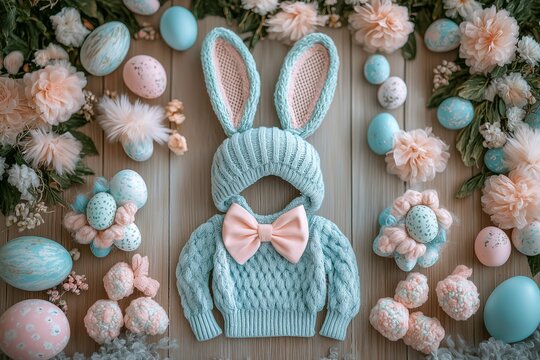 Colorful easter bunny ears costume and decorated eggs surrounded by flowers create festive spring atmosphere. Concept features easter bunny ears costume for children