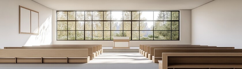 Fototapeta premium Modern chapel interior, sunlight through large window, peaceful forest view, wedding ceremony background