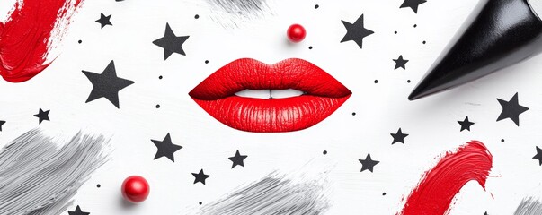 A bold and edgy pattern combining red lips, black stilettos, and scattered stars, with dynamic gray brushstrokes for a pop art vibe.