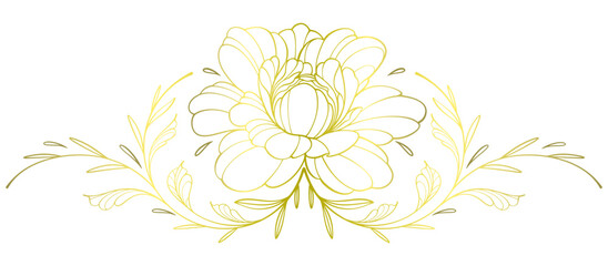 Golden Peony flowers in line art style floral design. Vector eps