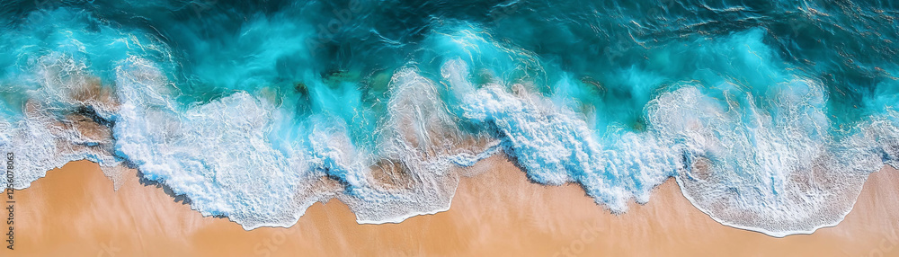 Poster waves receding from the shore create intricate patterns on wet sand along a vibrant beach