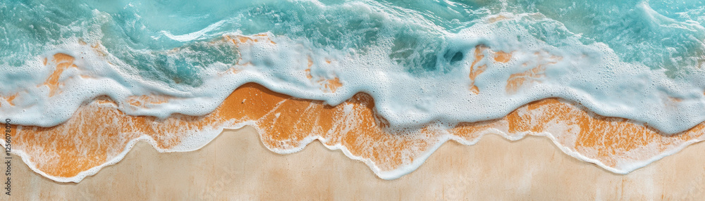Poster waves receding from the shore create intricate wet sand patterns on a bright beach