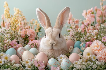 Fluffy easter bunny with whiskers in colorful floral arrangement surrounded by pastel eggs. concept features easter bunny whiskers costume in delightful spring setting