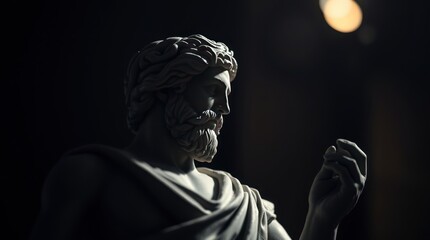 A close-up view of a classical statue depicting a figure with a beard, set against a dark background with soft lighting