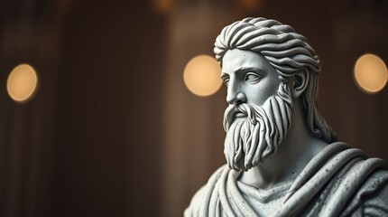 A close-up of a classical statue depicting a bearded figure in a softly lit interior space