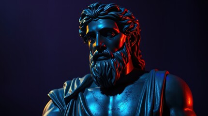 Dramatic close-up of a classical statue with vibrant lighting, showcasing intricate details and textures