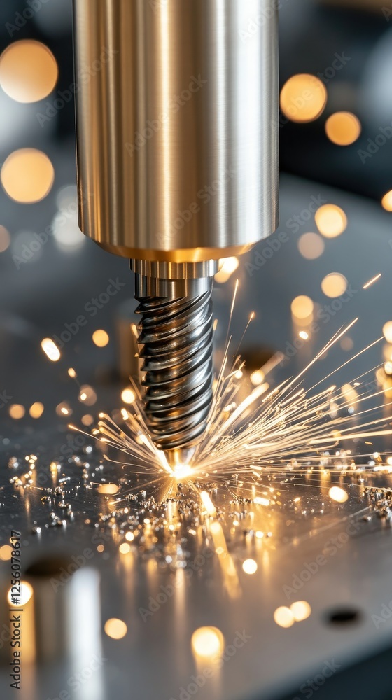 Poster metalworking process showcases a cutting tool creating sparks in a workshop environment during dayli