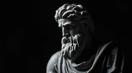 A detailed close-up of a classical statue with intricate beard and hair details against a dark backdrop