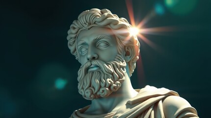 Majestic statue of a bearded figure illuminated by soft light against a dark background