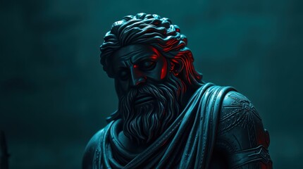 A dramatic close-up of a stylized ancient statue with intricate details and moody lighting