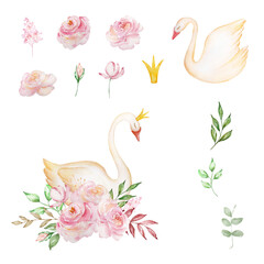 Obraz premium Watercolor White Princess Swan with crown, romantic bird with pink roses bouquet