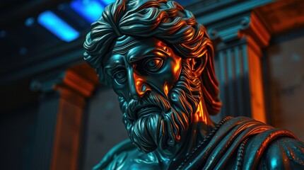 A close-up view of a detailed ancient statue depicting a bearded figure, illuminated dramatically in a historic setting