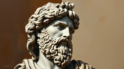 Close-up of a classical sculpture depicting a bearded figure with intricate details and texture