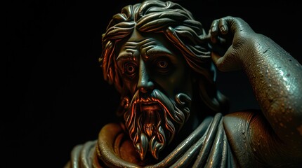 A close-up of a detailed statue with intricate facial features and dramatic lighting, showcasing artistry
