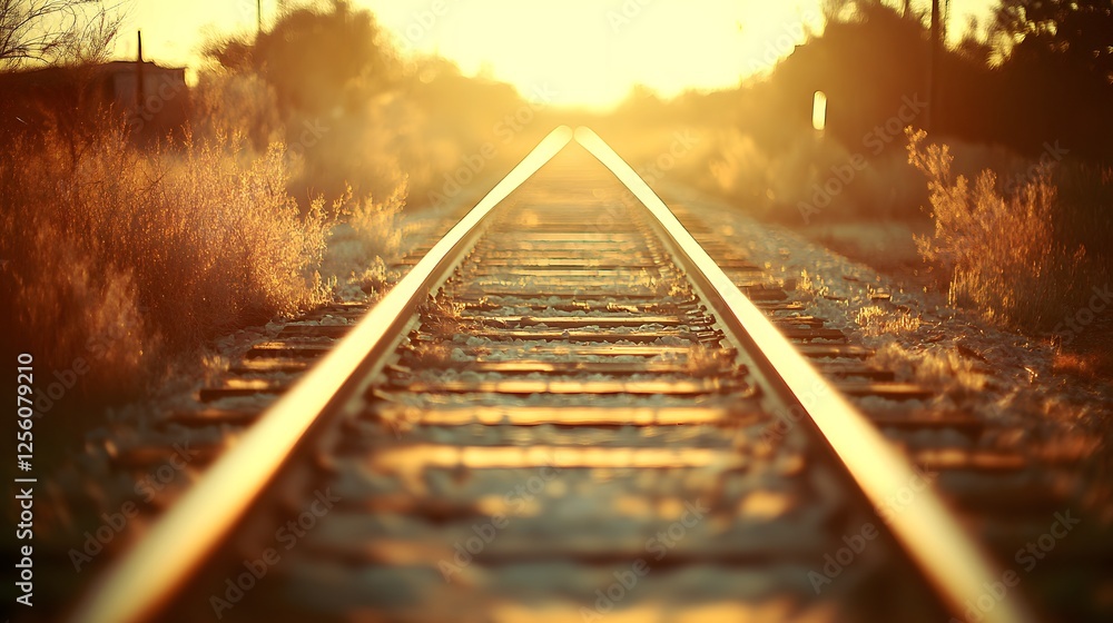 Poster sunset over railway tracks with sunlit path stretching into the distance towards the horizon
