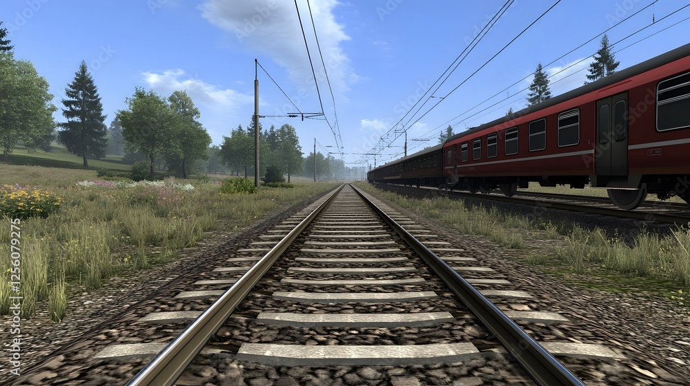 Poster train traveling on sunlit railway track through rural landscape with fields and trees in the backgro