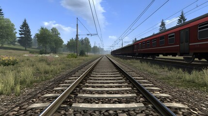 Obraz premium Train traveling on sunlit railway track through rural landscape with fields and trees in the background