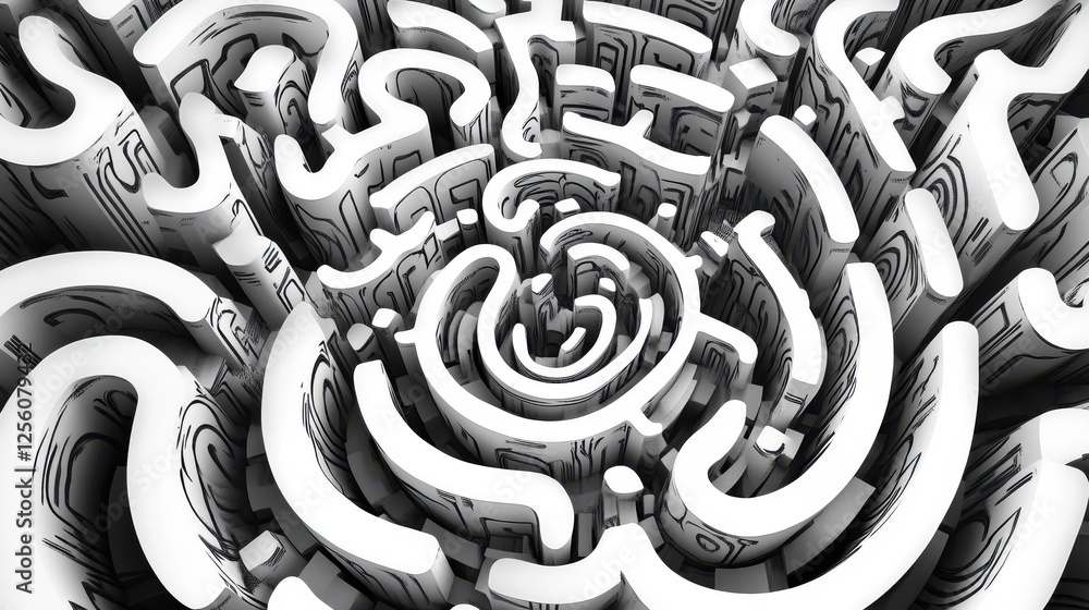 Poster intricate and abstract spiral maze design in 3d rendering with shadows and light effects for creativ