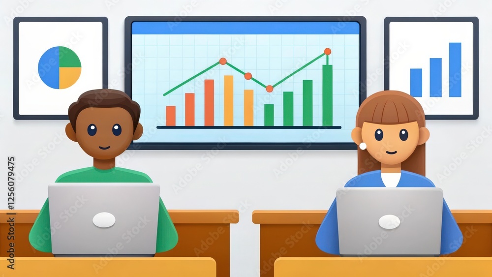 Poster two colleagues working together on laptops, reviewing data charts displayed on a large screen in an 