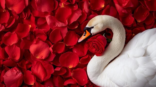 A graceful swan sits atop a bed of crimson rose petals, its wings forming a delicate heart shape while it holds a vibrant red rose in its beak.