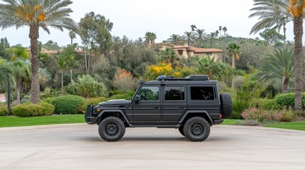 Black off-road vehicle parked on a driveway surrounded by palm trees and lush greenery in a luxurious residential area