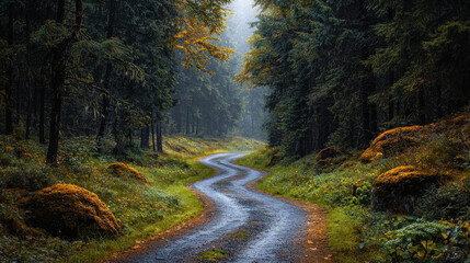 Winding forest road in autumn mist
