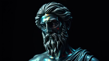 Detailed close-up of a stylized statue resembling a classical figure with intricate features against a dark backdrop