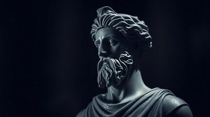 A close-up of a classical statue depicting a bearded figure in soft lighting, highlighting intricate details