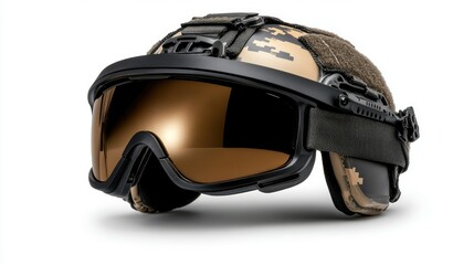Tactical goggles designed for enhanced vision and protection in demanding environments with a camouflaged helmet
