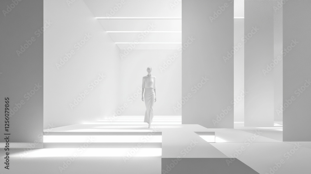 Poster monochromatic runway showcases minimalist design with clean lines and soft lighting highlighting the