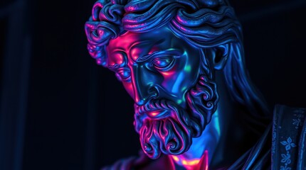 A close-up of a colorful, illuminated statue with intricate details, set against a dark background
