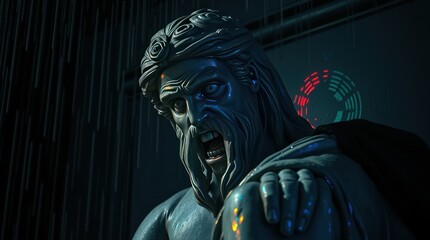 A dramatic close-up of a powerful statue, depicting a mythological figure in a dark, rain-soaked environment, with glowing digital elements in the background