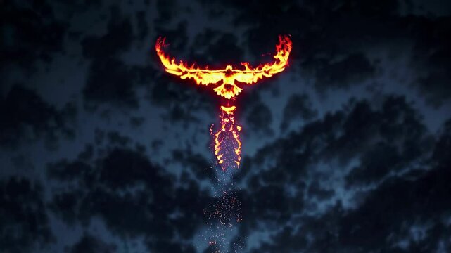 Fire phoenix rises dramatically from molten lava amidst dark rocky landscape at twilight