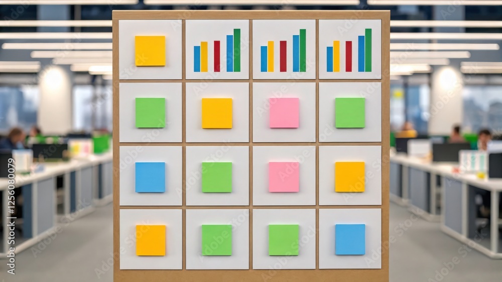 Poster colorful sticky notes on a whiteboard with charts in an office environment. the notes are arranged i