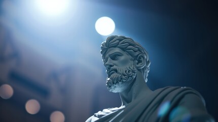 Majestic statue of a historical figure illuminated by soft lighting in an artistic setting