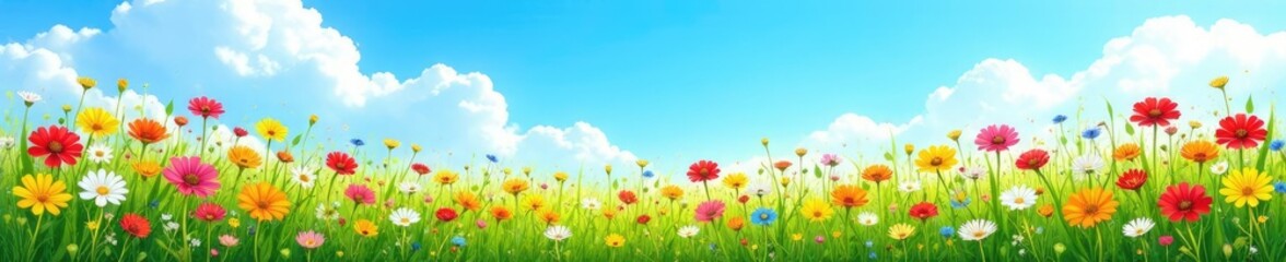 Fototapeta premium A carpet of colorful wildflowers under a bright blue cloudless sky, meadow, colorful, wildflowers